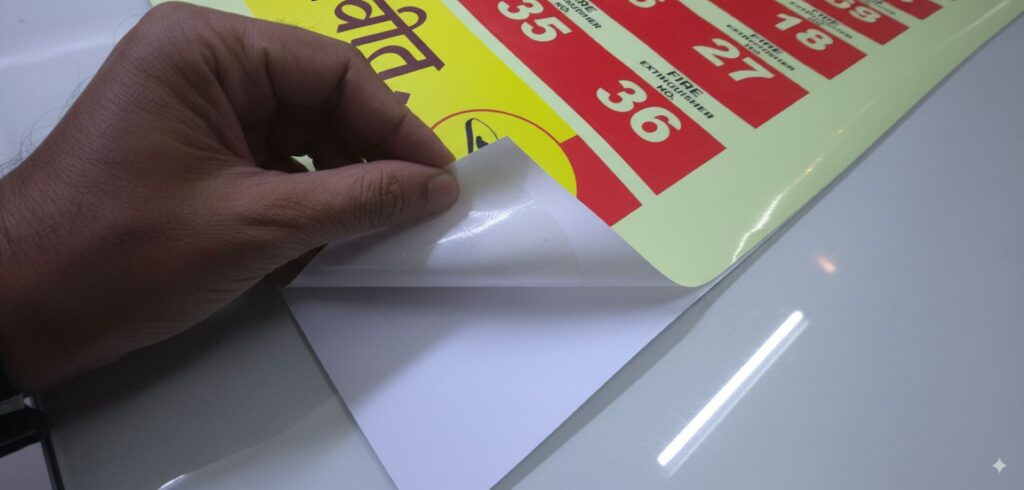 This image shows a print on a flexible roll of glow-in-the-dark media. The material has a sticker backing that allows you to easily peel and apply the print to any smooth surface. In the image, a hand is peeling the sticker away from the backing.