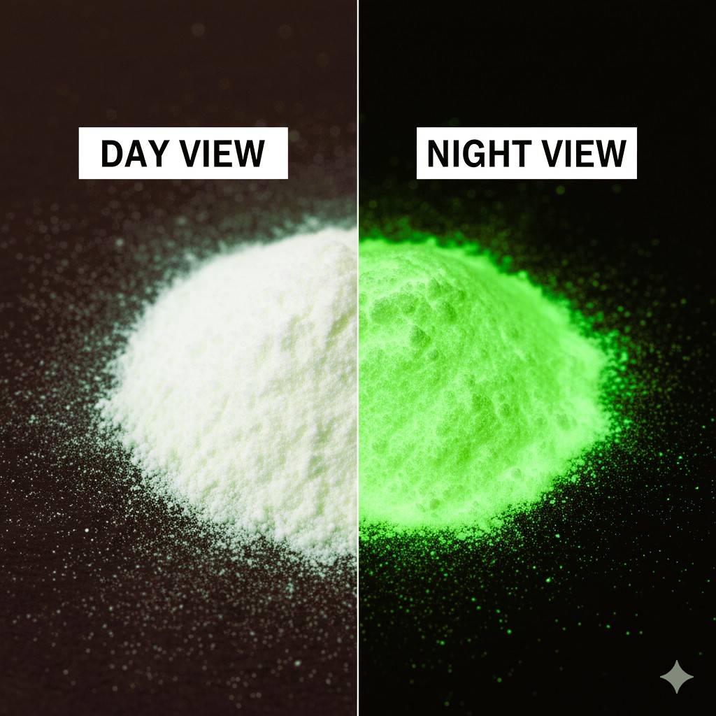 day view and night view of photoluminescent phosphorous powder that look normal white colour during the day but emits a bright glows in the dark