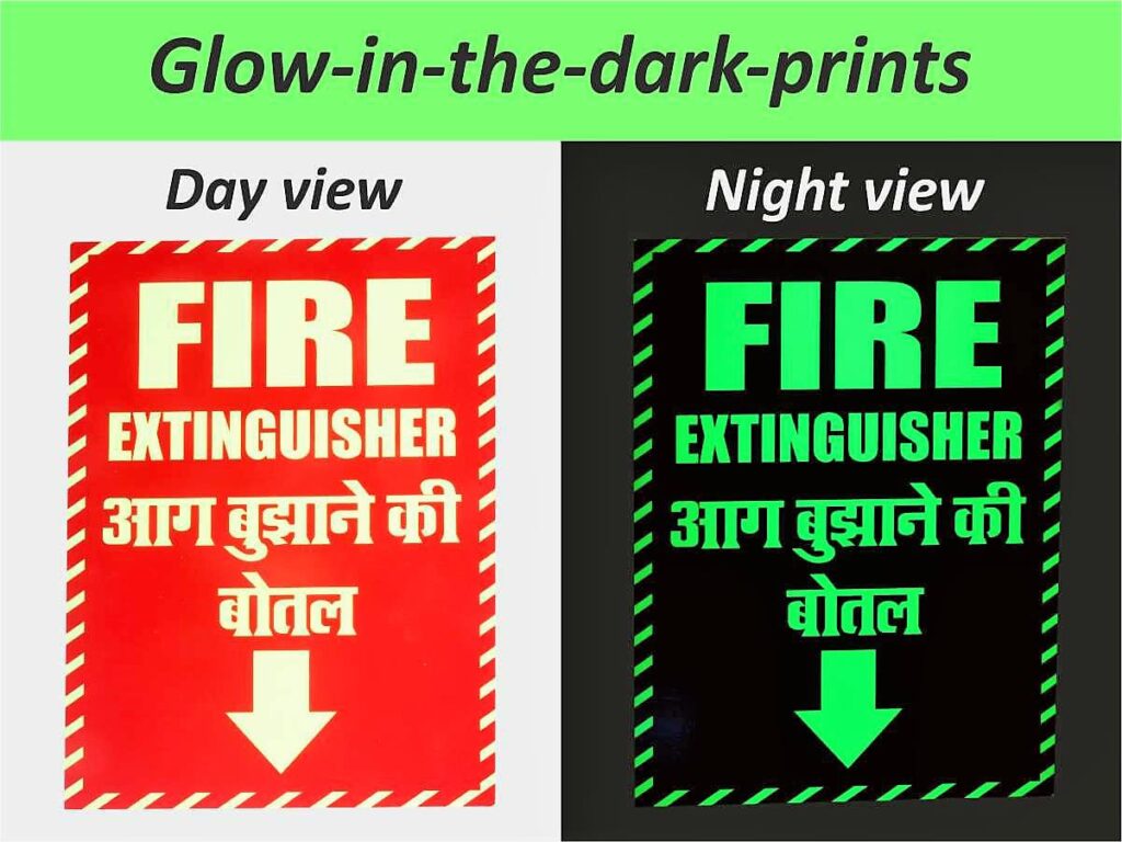 A fire extinguisher sign printed on a glow in the dark media with a dayview and a night view, where the day view looks like a regular print but the night view shows a brightly shining glow in the dark which is emitting to make the message visible.