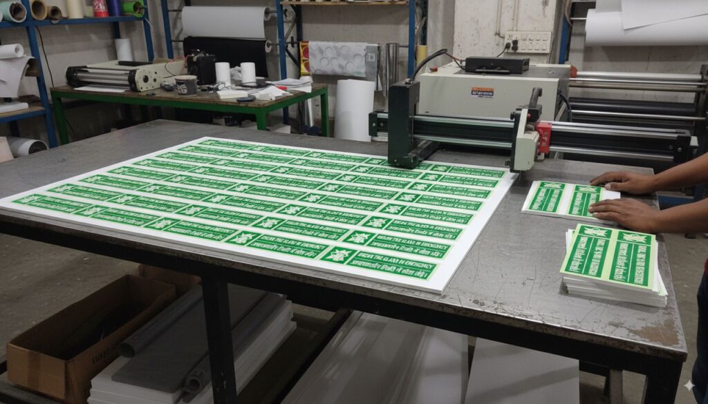 glow in the dark prints mounted on 5 mm thick white sunboard PVC sheet being cut into individual pieces on a cutting table in a print shop