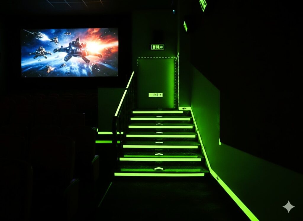 photoluminescent signs and strips installed in a dark theater that glow in the dark and guide people by making the stairs visible even in the darkness of a movie hall