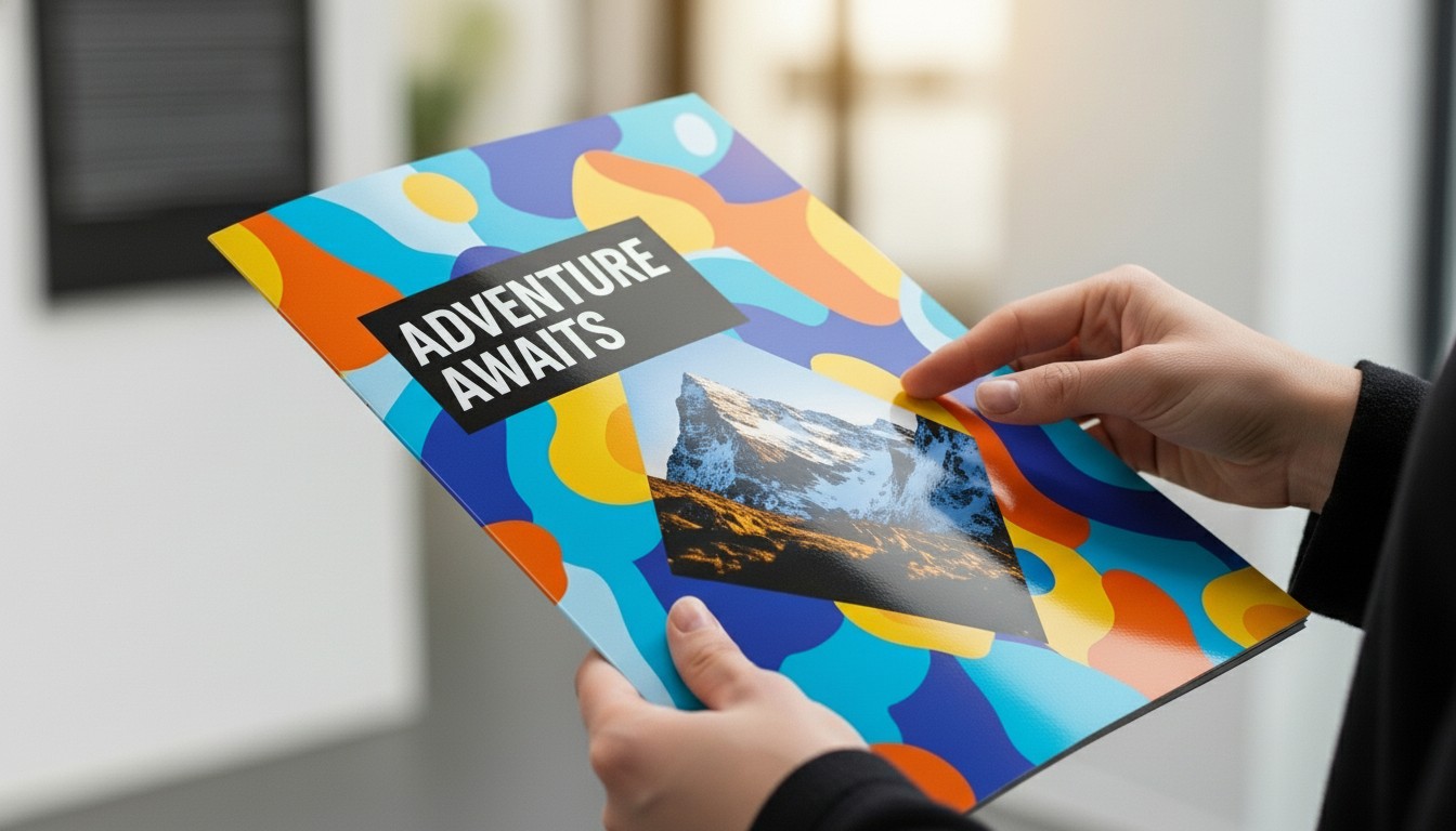 A person holding a premium looking adventure holiday brochure print in his hands with vibrant colors and image reproduction
