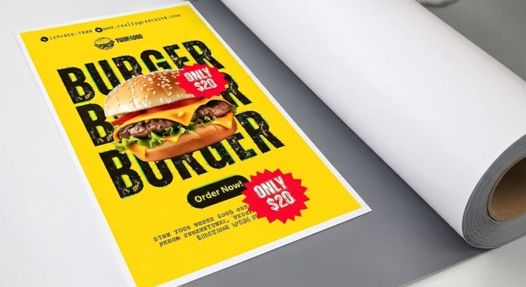 A product poster of a burger printed on a 200 microns thick grey back polyester media with photo quality resolutions and vibrant colors