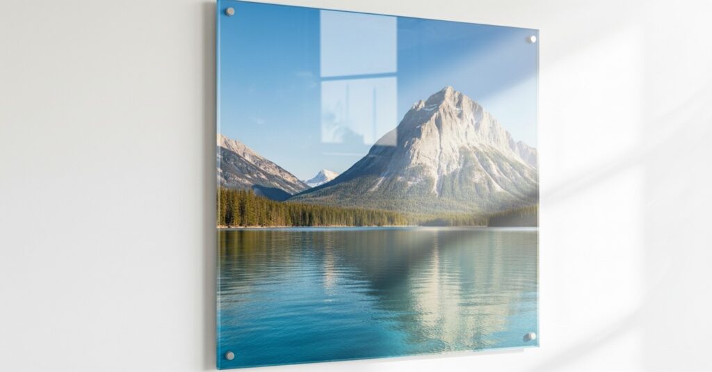 An image of a mountain and lake printed on the back of a 3mm thick acrylic photo frame fixed on a wall using stud cap risers