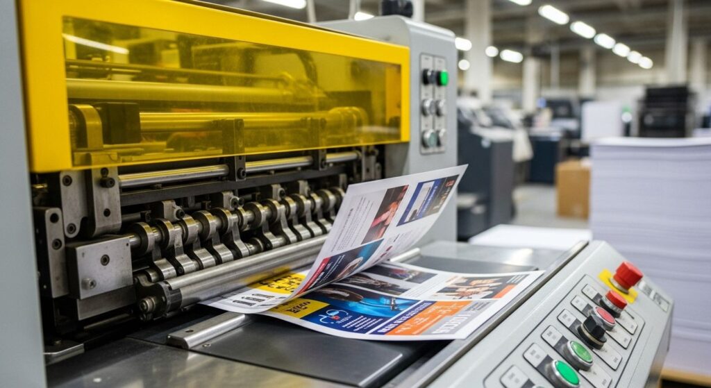 Brochure prints are being creased and folded on a machine inside a print shop