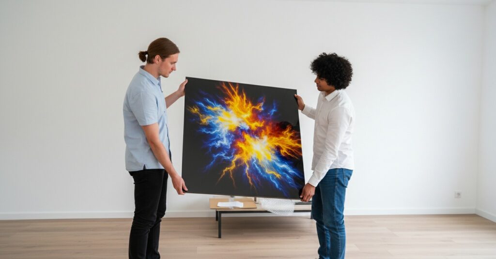 Two friends handling acrylic photo frame with the utmost care