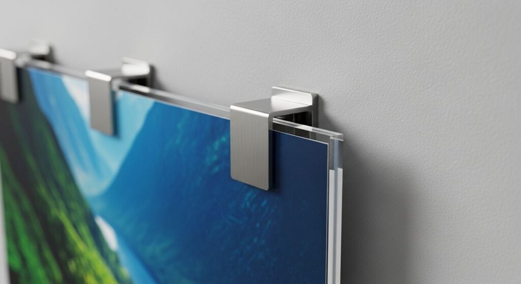 Clamps or C-bracket holders can hold an acrylic photo frame panel in place and aide in the installation of the same on the walls inside your office