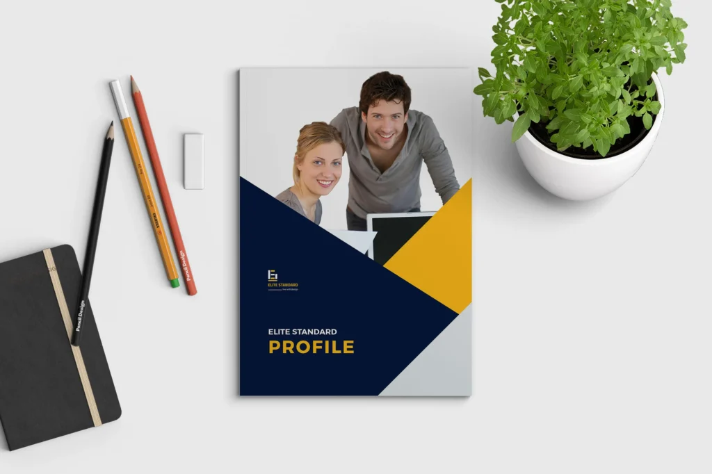 Clean business bifold brochure printed on premium cardstock with subtle colour gradients and high resolution images