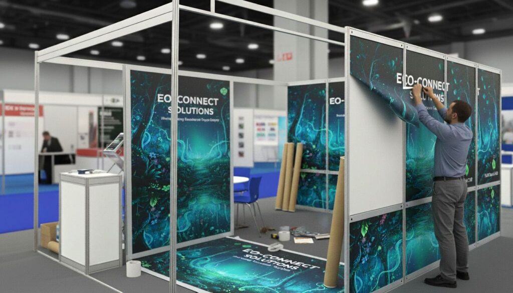 Exhibition poster prints being pasted on the individual panels in a octonorm stall in a trade fair