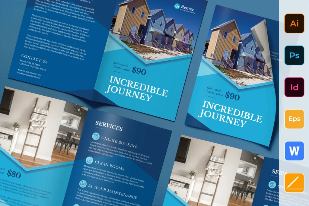 Mockups of eye-catching A4 bifold brochure design showcasing elegant design premium finish and vivid colours with icons of design software on the side