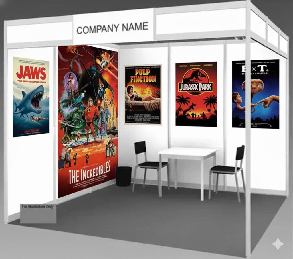 Movie posters printed in high resolution on an grey back exhibition photo poster material pasted on the panels of an octanorm stall in a trade fair