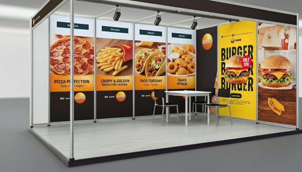 Prints on grey back photo posters installed on the individual panels in an octonorm stall Showing images of a fast food company's product posters reproduced at an extremely high resolution