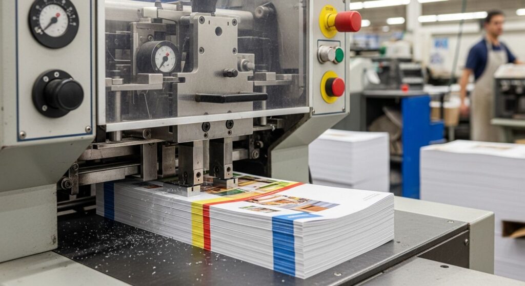 Stack of brochures loaded onto a cutting machine in a print shop for trimming the side edges of the brochure prints