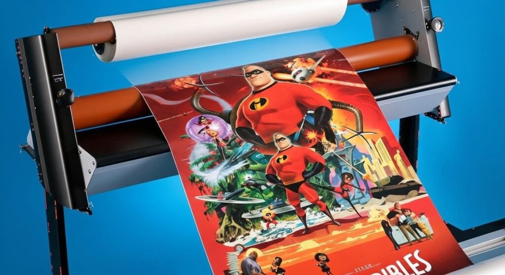 The Incredibles movie poster print being laminated on a large hydraulic laminating machine with a roll of transparent lamination film being coated on top of the print