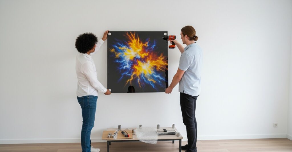 Two friends holding up an acrylic photo frame panel against the wall to install the same using a drill machine and screws