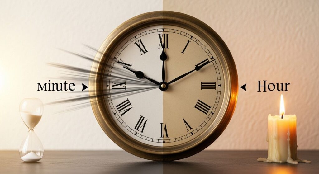 a clock showing the passing of time from a minute to an hour with a candle and a sand timer on the sides of the clock face
