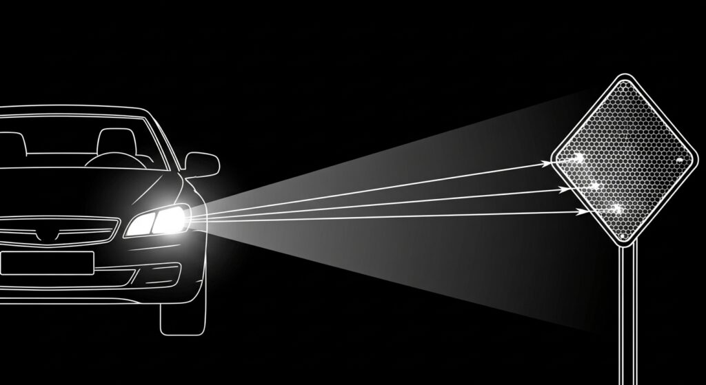 a diagram of a car headlight falling on a prismactic reflective sign installed on a road