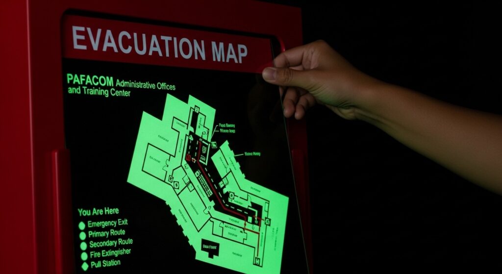 a fire evacuation map printed on glow-in-the-dark media, shining brightly in the dark to guide people to safety in case of a fire emergency