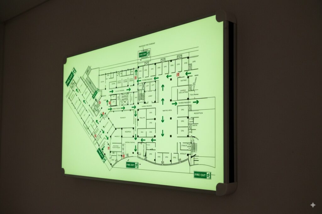 a floor evacuation map that clearly marks the path of escape in case of a fire emergency. the map is printed on a glow in the dark media and mounted on a frame fixed on a wall. the print is shiging brightly in the darkness to guide people to safety.
