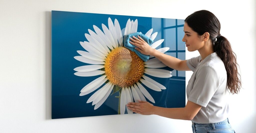 a girl using a soft cloth to clean an acrylic photo frame fixed on a wall - the print has a shiny gloosy surface because the image has been printed behind the acrylic sheet in reverse