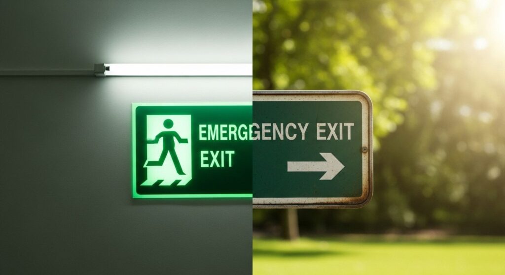 a glow in the dark emergency exit sign. part of the sign is shown installed indoors inside an office and is illuminated by a tubelight. the other half is shown outdoors in a park and is being illuminated by the sun. 