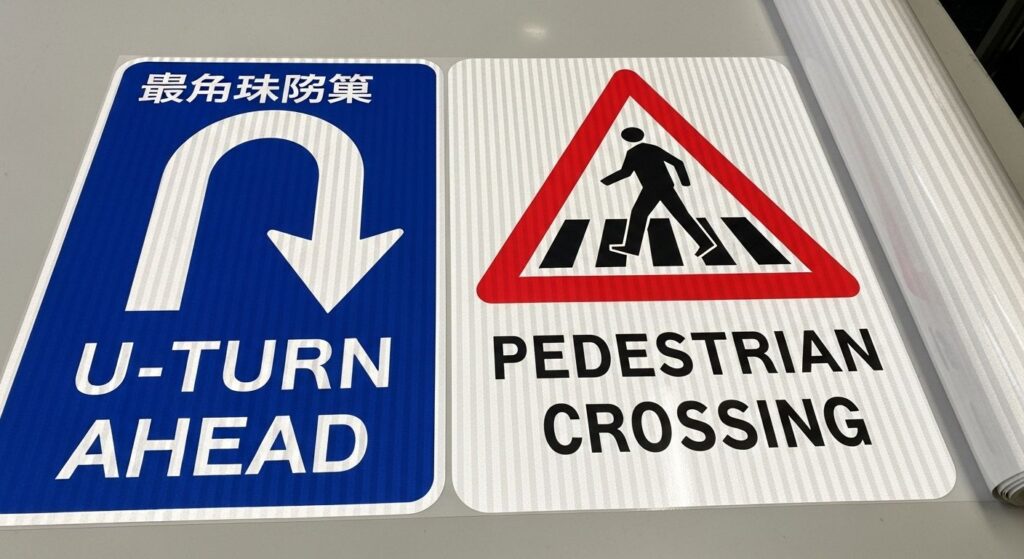A close-up image shows a section of reflective vinyl sheeting being printed with two distinct road signs, resting on a flat surface. The sheeting has a visible, fine, vertical striped pattern. On the left, a rectangular sign section has a dark blue background with a large white U-shaped arrow pointing downward, indicating a U-turn. Below the arrow, in white capital letters, are the words "U-TURN AHEAD," and smaller text in an Asian language (possibly Japanese) is near the top center. Adjacent on the right is a white reflective sign section featuring a pedestrian crossing warning. A large red-bordered, upward-pointing triangular warning sign dominates the upper right, containing a black silhouette of a person walking across a stylized crosswalk (four vertical black stripes). Below this symbol, in black capital letters, are the words "PEDESTRIAN CROSSING." The material is partially rolled out, with the roll itself visible on the far right, suggesting a print shop environment under bright lighting that highlights the reflective material.