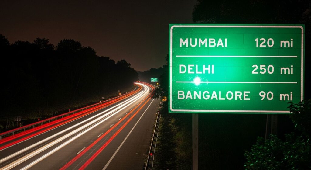 a road direction board installed on a highway reflecting the light of vehicles to make the names of indian cities visible even at night time in the dark