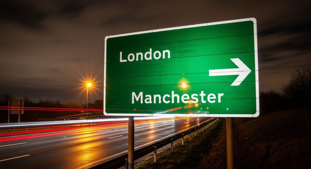 a road direction board made of night reflective vinyl print reflecting back the lights from vehicles passing on a motorway_Mid_res