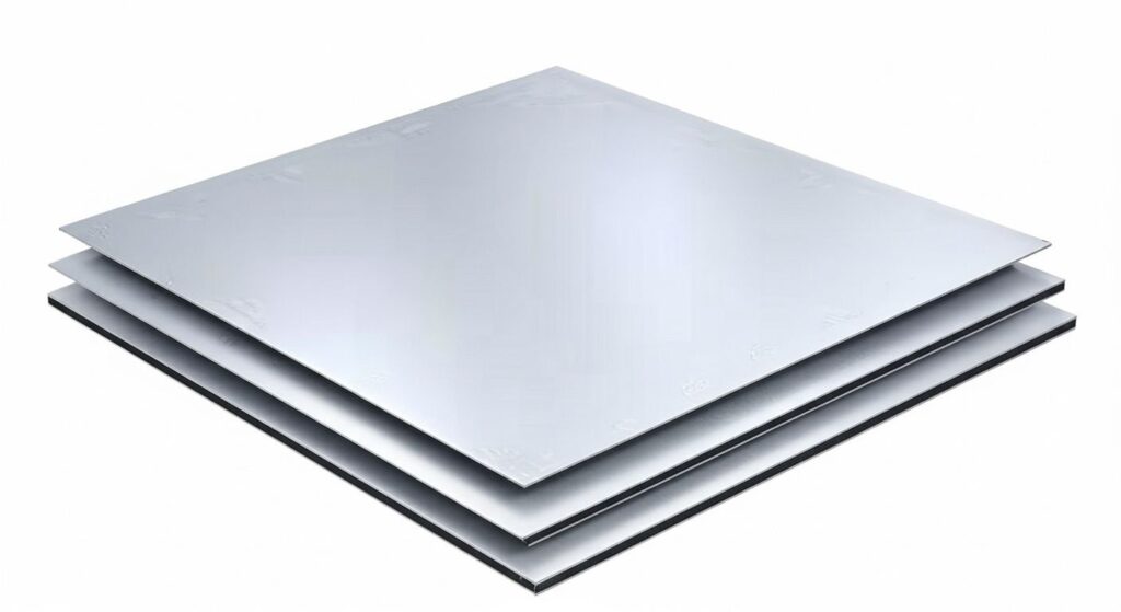 a stack of metallic ACP - aluminium composite panel sheets placed one on top of another