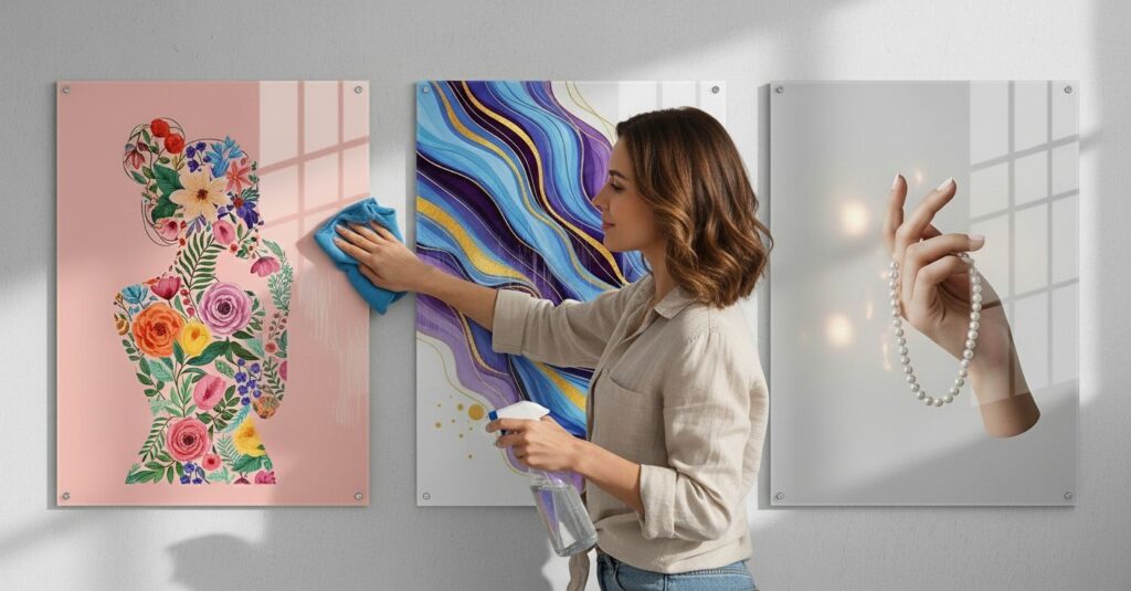 a young woman using a water spray and cotton cloth to clean three reverse printed acrylic photo frames fixed on a wall inside her home