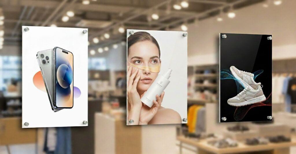 acrylic photo prints showing product images fixed inside an upscale shopping mall