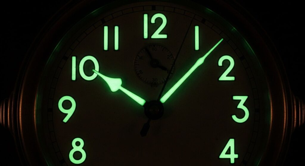 an old style analog radium clock face glowing in the dark
