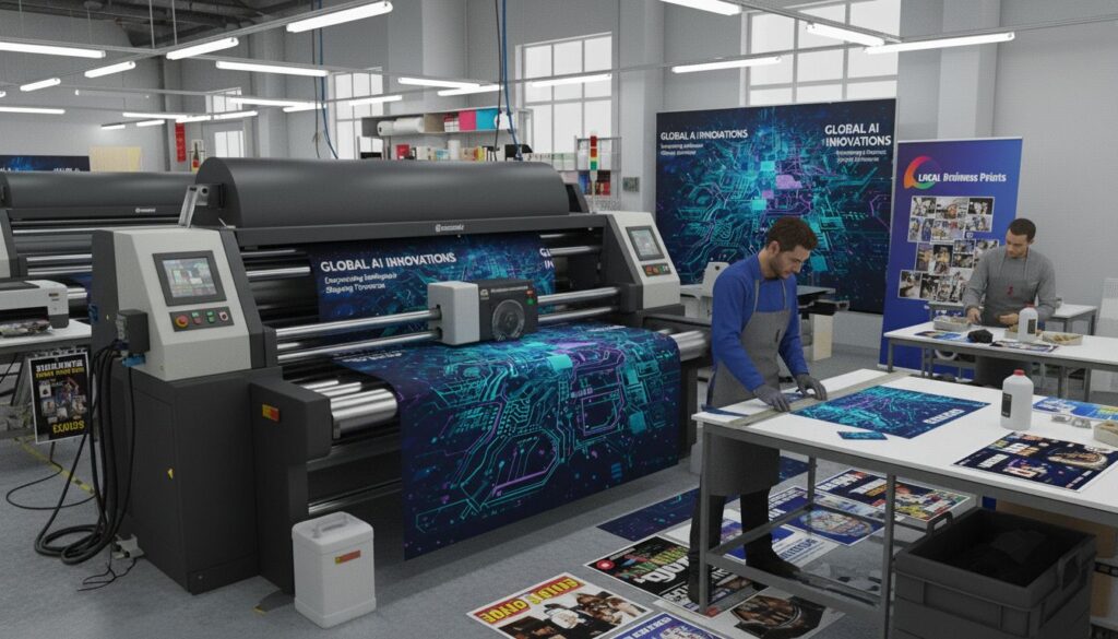 two men cutting the exhibition poster edge to edge