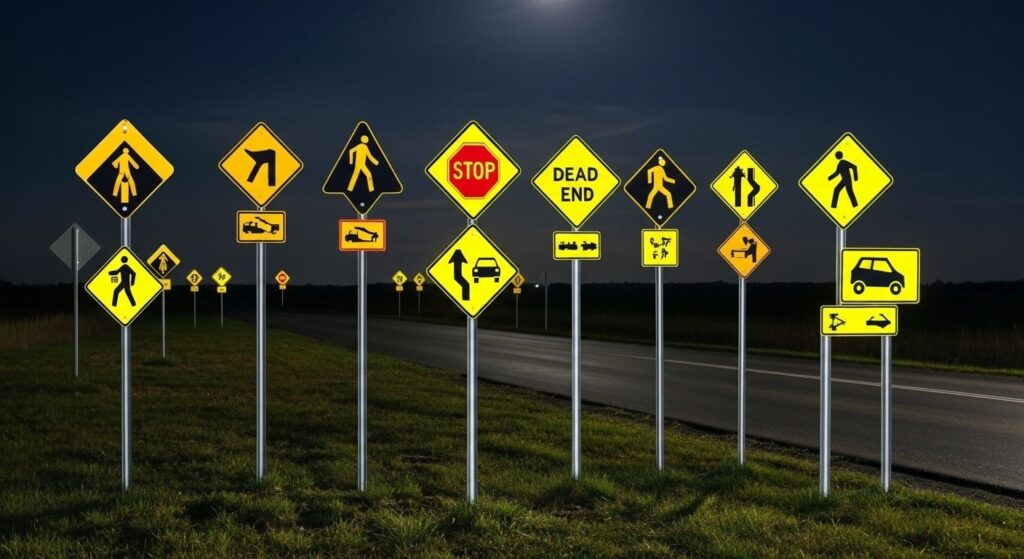 different types fo road safety signs mounted on metal poles fixed on the side of a road shining in the nighttime darkness to make the printed communication visible. the signboards are printed on reflective vinyl and mounted on a rigid metal plate