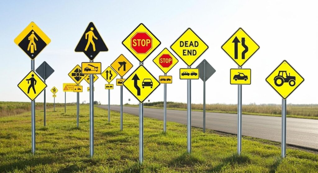 different types fo road safety signs mounted on metal poles fixed on the side of a road with the safety icons easily visible during the day. the signboards are printed on reflective vinyl and mounted on a rigid metal plate