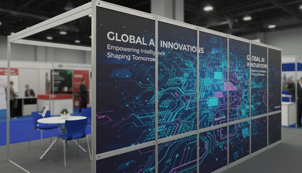 matt finish poster presentation prints installed in a exhibition octanorm stall