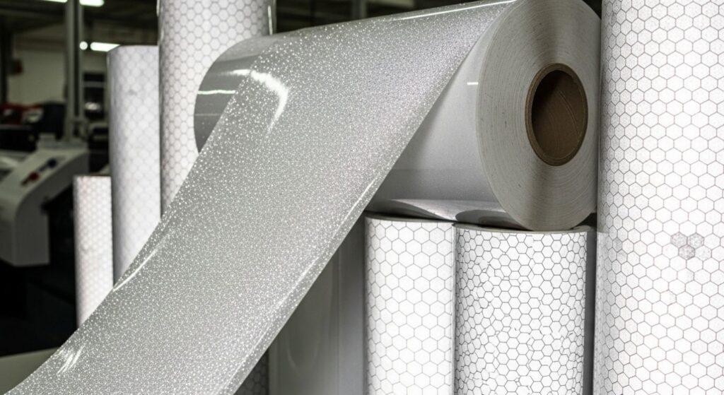 glass beaded reflective rolls stacked alongside prismatic retro reflective vinyl films in a print shop