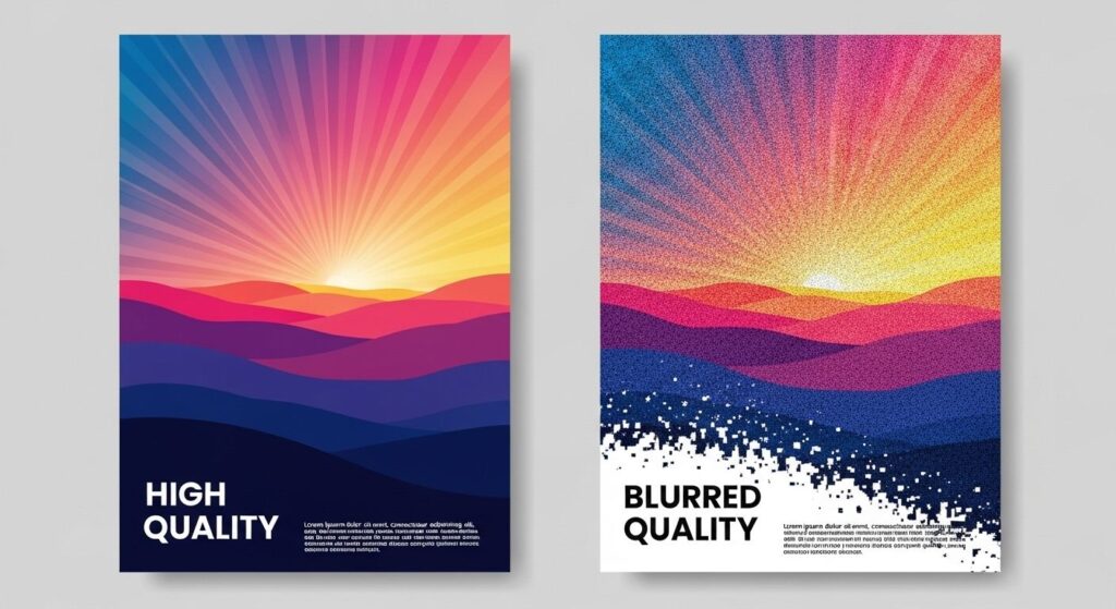 Two vertical posters are displayed side-by-side on a light grey background. The poster on the left features a smooth, abstract gradient design with radiating colours reminiscent of a sunrise or sunset over rolling hills. The color palette transitions from deep blues and purples at the bottom to vibrant pinks, oranges, and yellows in the middle and top. The bottom of this poster contains the text "HIGH QUALITY" in white, sans-serif letters, with a small placeholder text block below it. The poster on the right features a similar abstract composition and colour scheme, but the image is heavily pixelated and distorted, giving it a grainy, digitalised look. The bottom of this poster contains the text "BLURRED QUALITY" in white, sans-serif letters, also with a small placeholder text block beneath it.