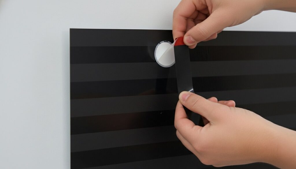 installation of an acrylic photo frame with a thick two sided 3M tape