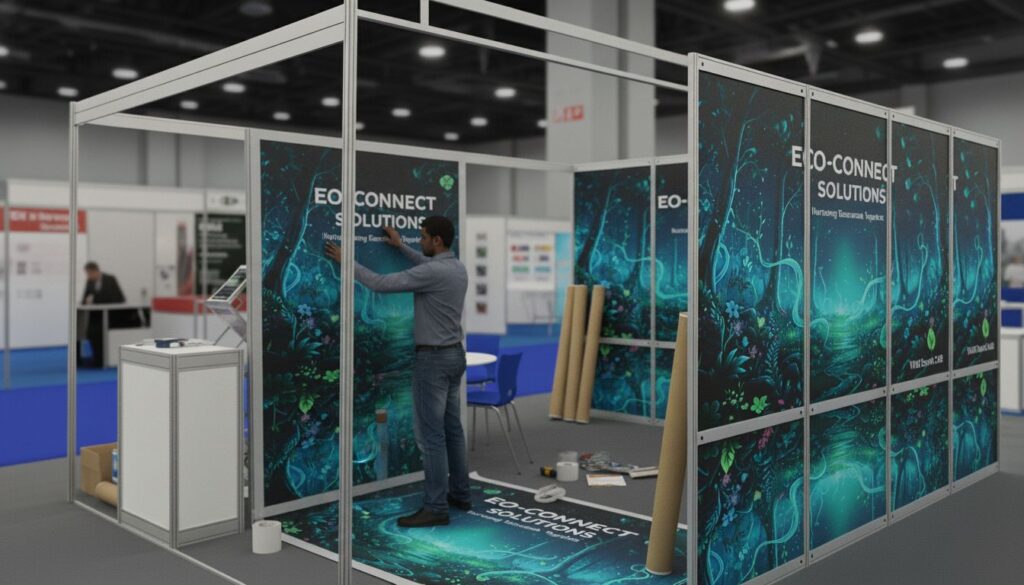 a man installing an exhibition poster with a thick two sided black tape