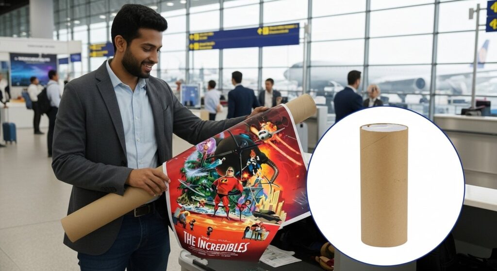 man in an airport carrying exhibition poster prints that are light weight and flexible and rolling them around a cardboard tube and carrying them to a different city via a aeroplane flight