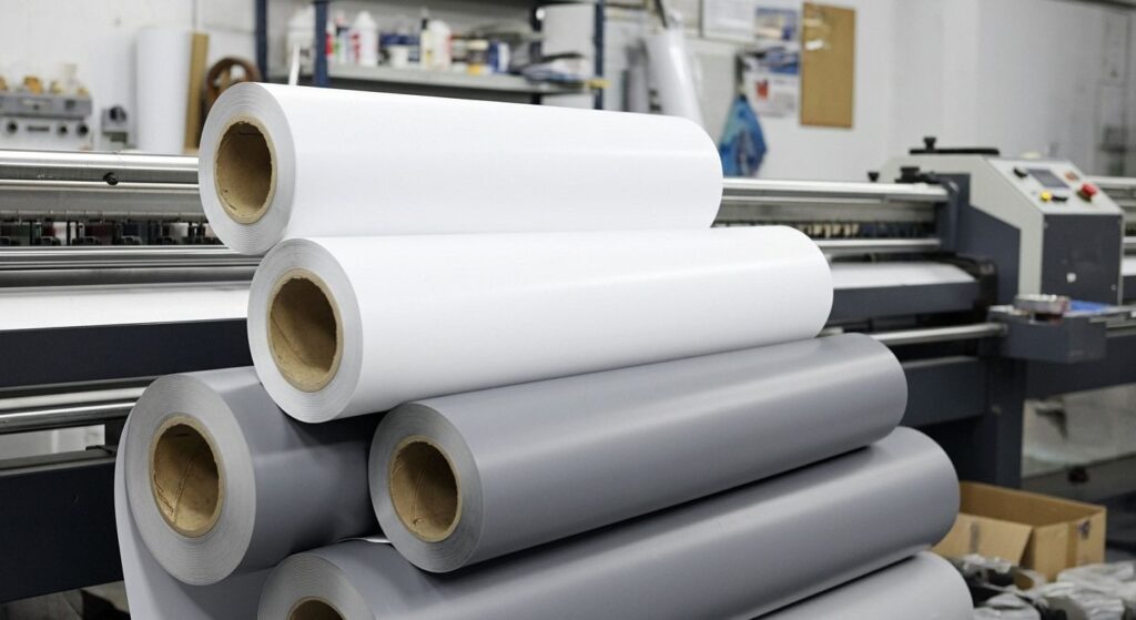multiple rolls of grey back and white back polyester photo poster material stacked one on top of another inside a print shop next to a white format printer