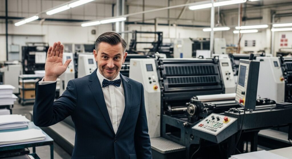 the press floor production area in a print shop with a person in formal attire with a bow tie and a cynical grin a British-looking chap standing in the foreground raising a hand giving a lecture