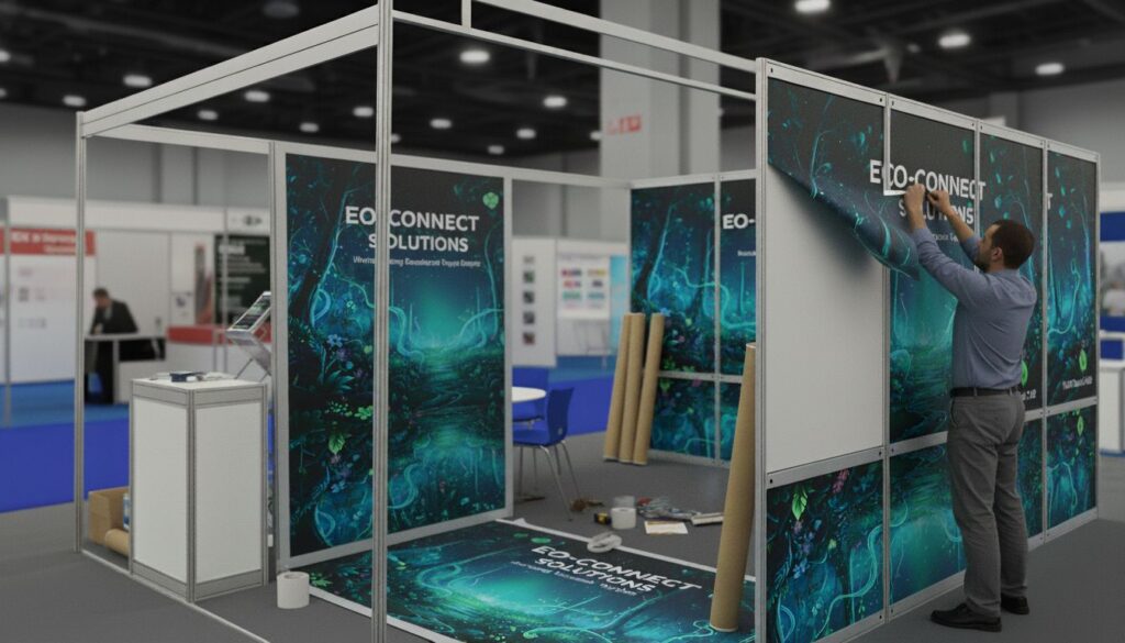 a man peeling off an exhibition poster to reuse it