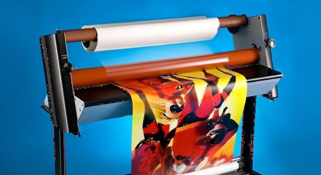 roll of matte finish lamination being coated on top of a inkjet print on a hydraulic lamination machine