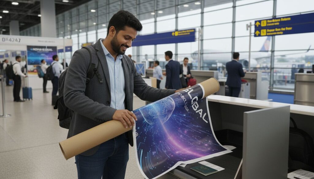a man travelling with an exhibition poster
