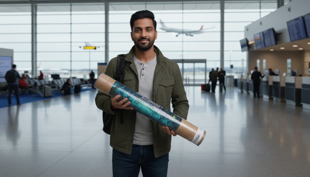 a man travelling through an airport with an exhibition poster rolled around a cardboard tube