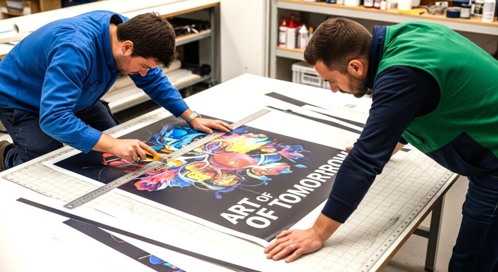 two employees working on a cutting table in a print shop trimming the edges of a printed poster made of high grade vinyl