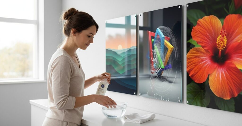 use simple soap water solution and a soft cloth to clean your acrylic photo frame this will ensure that the acrylic surface does not get scratched
