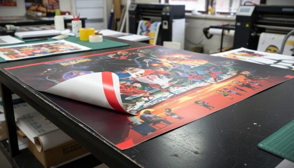 we apply red two sided tape in our print shop the tape is placed at the edges under the grey back printed exhibition posters to aid in quick installation of the same